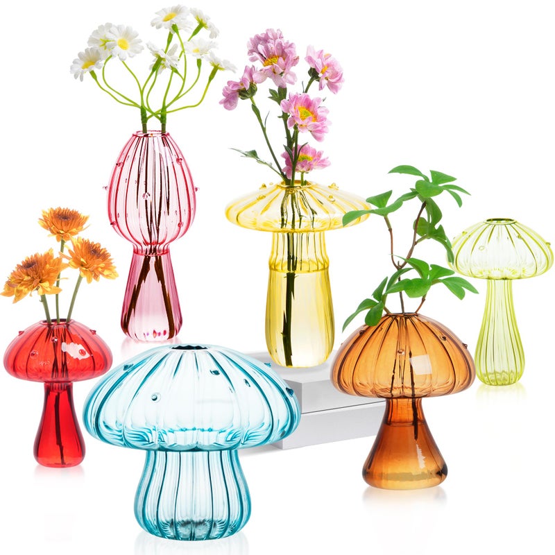 JXWENBYX Mushroom Vase, Set of 6 Colored Flower Vase, Propagation Stations Vases, Small Bud Vases Home Decor Cute Glass Mushroom Planter for Room Office Decoration (Colorful) - Image 1