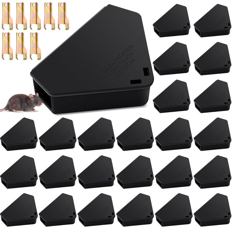 Qualirey 24 Pcs Mice Station with Key Triangle Bait Station Reusable Rodent Trap Bait Box Keeps Children and Pets Safe Indoor Outdoor Bait Not Included Suitable for Small Mice Black