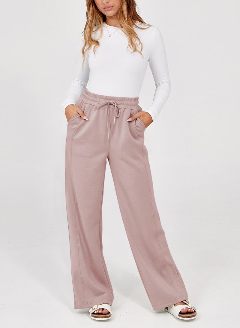 Dokotoo Womens Pants Fall Business Casual Palazzo Pants for Women Elastic Waisted Loose Straight Leg Ladies Trendy Pants Dusty Pink - Image 2