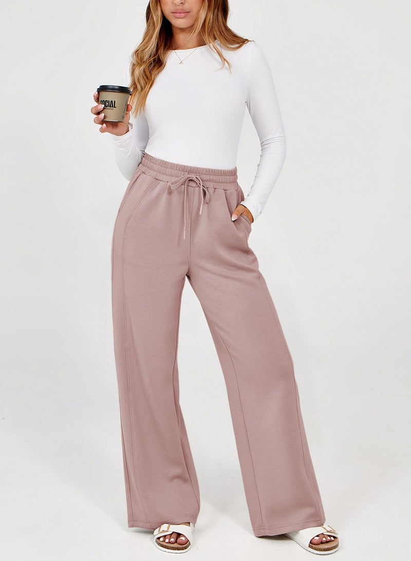 Dokotoo Womens Pants Fall Business Casual Palazzo Pants for Women Elastic Waisted Loose Straight Leg Ladies Trendy Pants Dusty Pink - Image 3