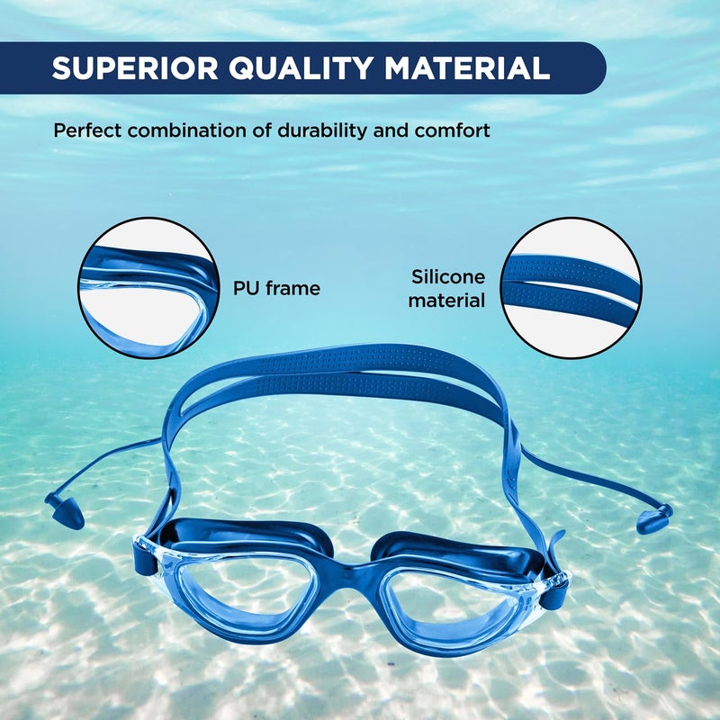Endless EL1002 Stylish Swimming Goggle with Anti-Fog and UV Protection | Blue | Material : Silicon, Plastic | With Adjustable Strap and Ear Buds | Soft Silicon Gasket for Leak Proof | With Hard Case - Image 3