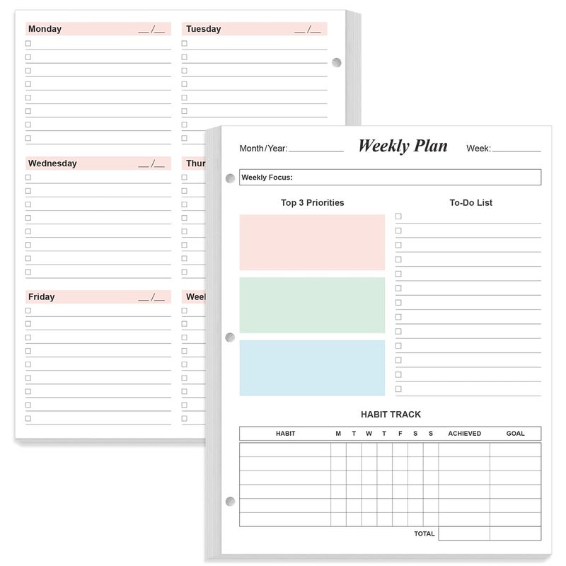 Yaridar 3-Hole Weekly Planner Refills - 53 Sheets/106 Pages Colorful Weekly Planner for 3 Ring Binders, 100 gsm White Paper, Lasts 1 Year, Undated, 8.5'' x 11'' - Image 1