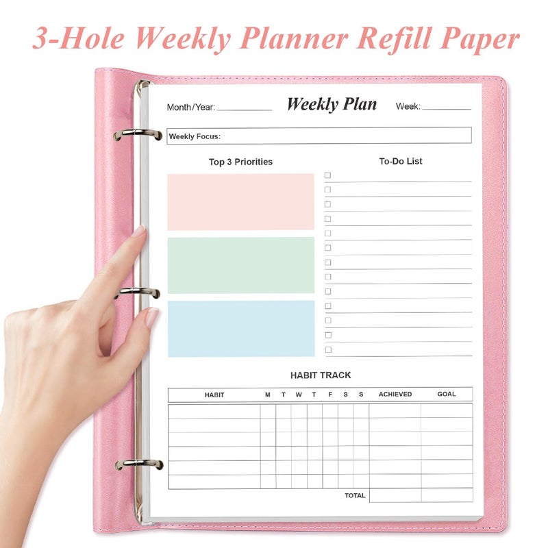 Yaridar 3-Hole Weekly Planner Refills - 53 Sheets/106 Pages Colorful Weekly Planner for 3 Ring Binders, 100 gsm White Paper, Lasts 1 Year, Undated, 8.5'' x 11'' - Image 3