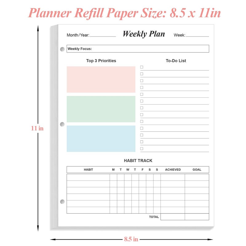 Yaridar 3-Hole Weekly Planner Refills - 53 Sheets/106 Pages Colorful Weekly Planner for 3 Ring Binders, 100 gsm White Paper, Lasts 1 Year, Undated, 8.5'' x 11'' - Image 4