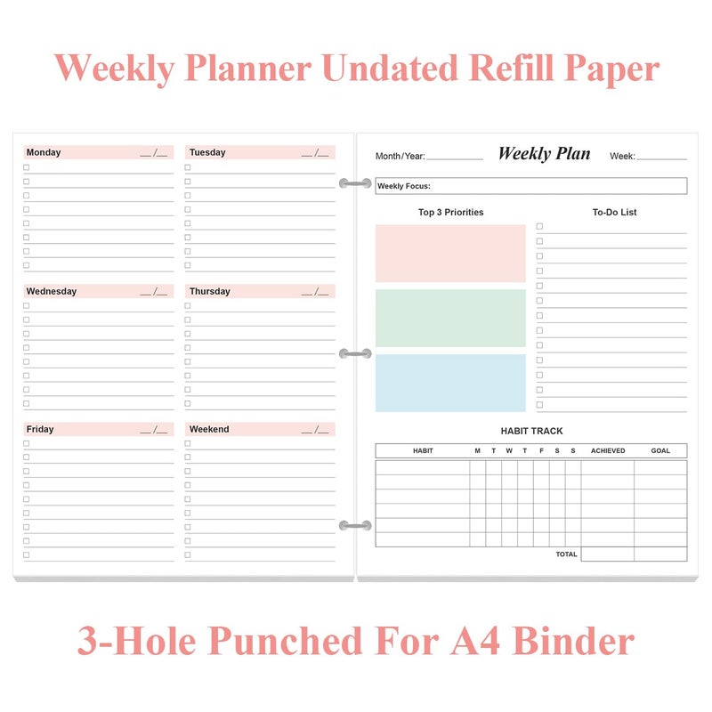 Yaridar 3-Hole Weekly Planner Refills - 53 Sheets/106 Pages Colorful Weekly Planner for 3 Ring Binders, 100 gsm White Paper, Lasts 1 Year, Undated, 8.5'' x 11'' - Image 2