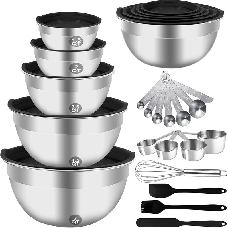 WEPSEN Mixing Bowls with Airtight Lids, 27PCS Stainless Steel Mixing Bowl with Lid Set, Kitchen Utensils Metal Nesting Bowls 7, 4.5, 3, 2.5, 2, 1.5QT, Measuring Cups and Spoons Baking Supplies - Image 1