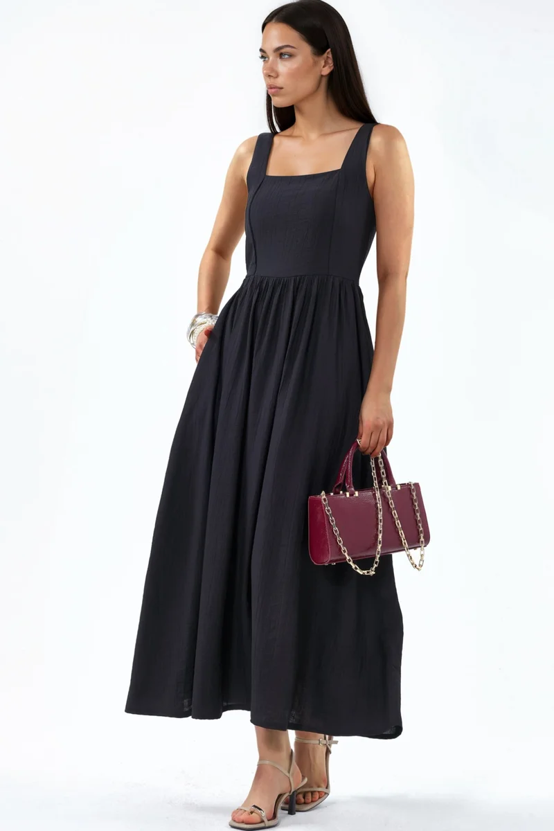 Busem BUSEM Solid Midi Dress with Square Collar