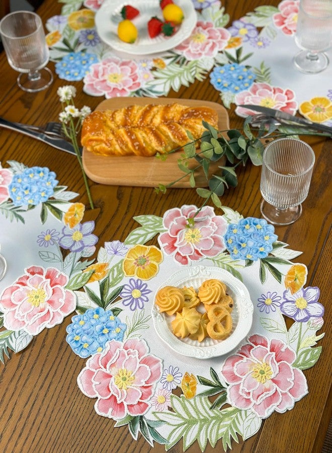 KEVA Floral Spring Placemats Set of 4, 15inch Round Flower Cutwork Embroidered Placemats Set, Easter Seasonal Spring Summer Table Decorations for Kitchen Dining Table (S/4-15 Round) - Image 3