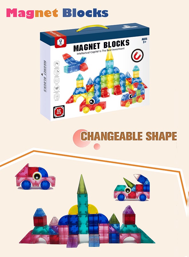 DEZHI 52 قطعة من البلاط المغناطيسي، كتل بناء مغناطيسية للأطفال، ألعاب تعليمية STEM للأطفال من عمر 3 سنوات فما فوق، هدية ألعاب البناء للأولاد والبنات - Image 1