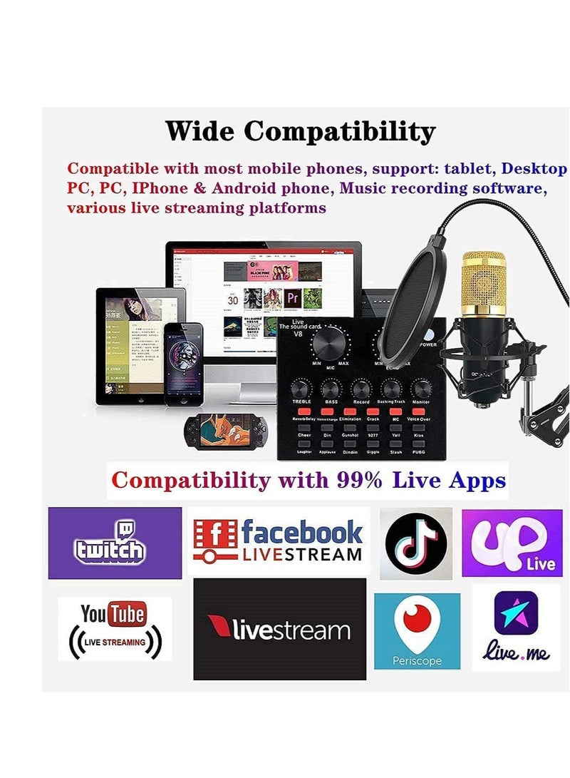 ELTRAZONE Microphone,Live Sound Card & BM800 Suspension Microphone Kit Broadcasting Recording Condenser Microphone Set Intelligent Volume Audio Mixer Sound Card for Computer PC Live Sound - Image 2