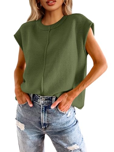 Saodimallsu Womens Summer Tops Casual Crew Neck Cap Sleeve Loose Fit Knit Lightweight Sweater Pullover Top Army Green - Image 1