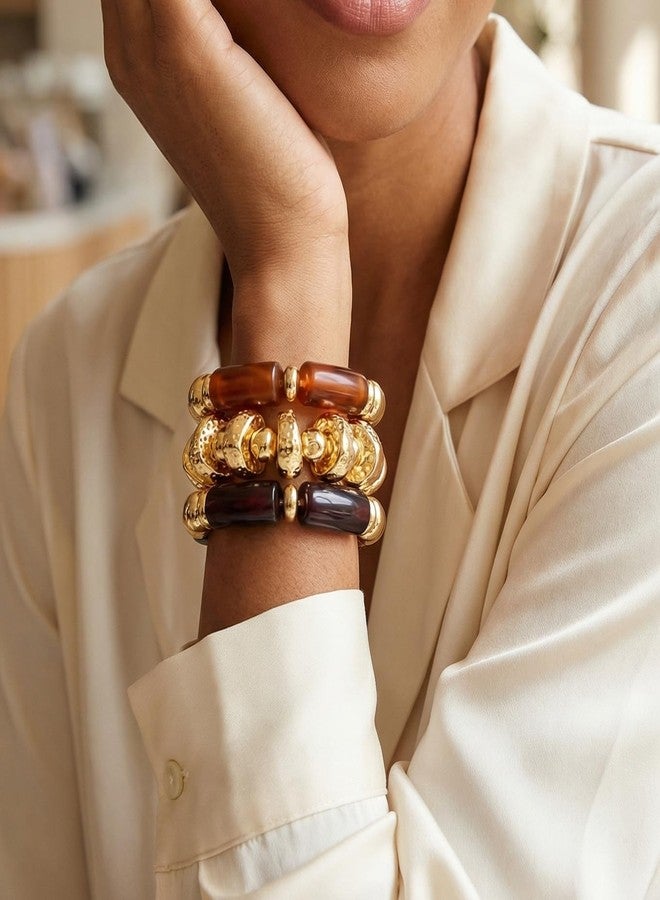 CASDAN Chunky Acrylic Bangle Bracelets for Women Irregular Resin Bamboo Brown Stretchy Bracelet Stack Geometric Fashions Thick Statement bangles Set - Image 5