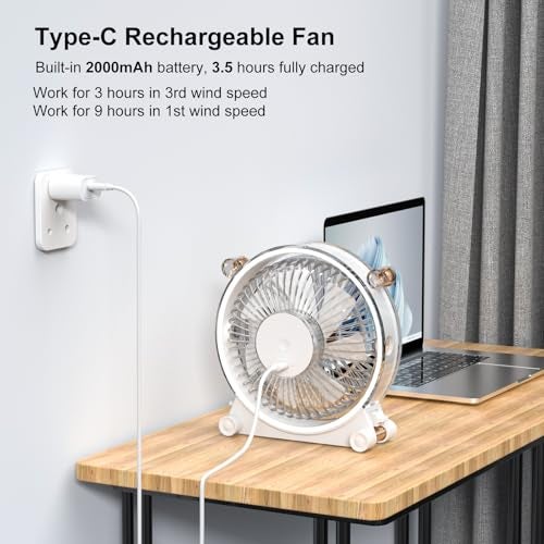 Amsdifio Table Fan Rechargeable, 7.2 Inch High Speed USB Desk Fan, 360° Adjustment for Better Cooling, 3 Speeds, 7 Blades, Portable Powerful Desktop Fan, Small Personal Cooling Fan for Home Office - Image 4