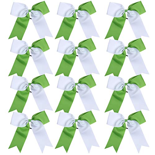 ICObuty Cheerleading Bow Jumbo Cheer Bows 12 Pcs 7 Inch Ponytail Holder Cheerleader Bows Hair Tie (Green/White) - Image 5