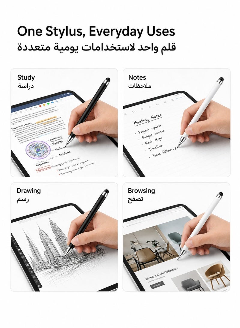 Llzzichu 2 Pcs Stylus Pens for Touch Screens, 2-in-1 High Precision Capacitive Pens with Disc and Rubber Tips, No Charging Needed for iPhone, iPad, Android Tablets and Smartphones, Black and White - Image 4