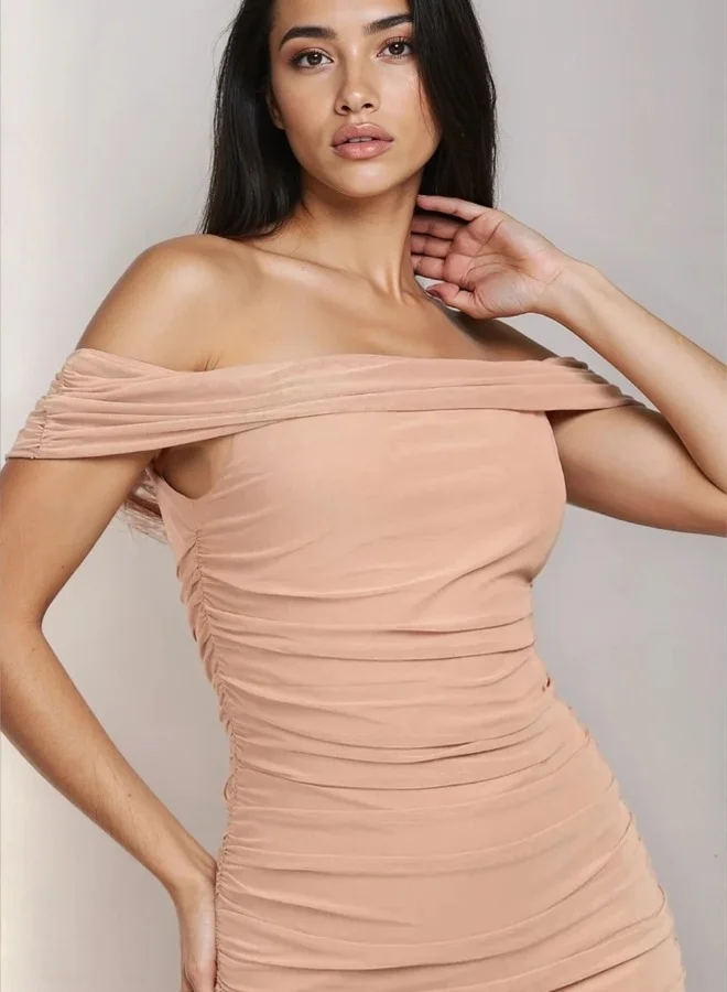 ليتل مسترس فستان ميدي مكشكش بياقة مكشوفة من الشبك المنك