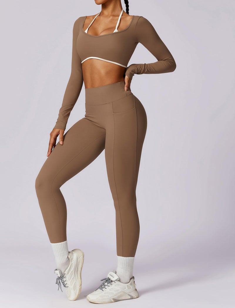 AGYMNX Workout Sets for Women 2 Piece Outfits Seamless High Waist Leggings Yoga Long Sleeve Crop Tops Athletic Gym Sets - Image 4