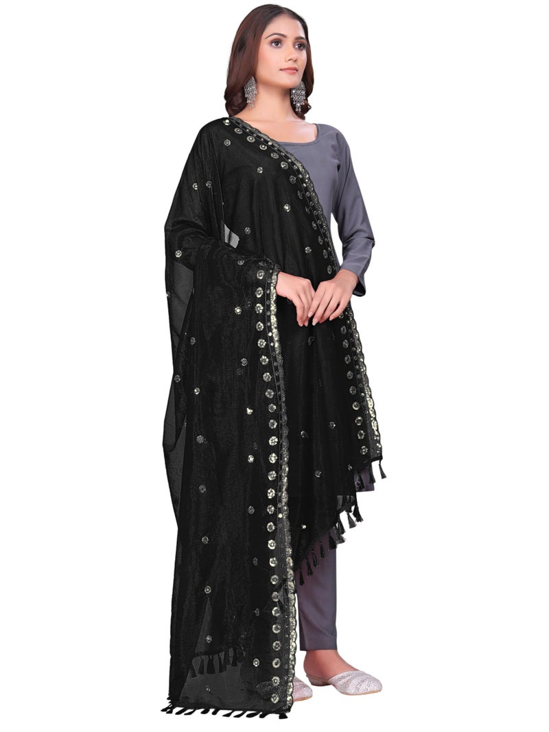 KEMZA Organza Embroidered Dupatta with Mirror & Sequence Work, Tassel Lace Border, Floral Butti Design (Black, Free Size) - Image 1