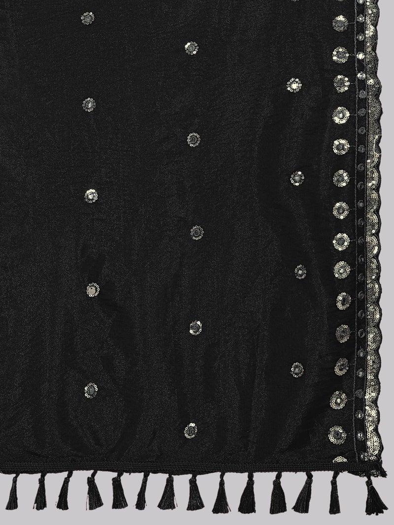 KEMZA Organza Embroidered Dupatta with Mirror & Sequence Work, Tassel Lace Border, Floral Butti Design (Black, Free Size) - Image 5