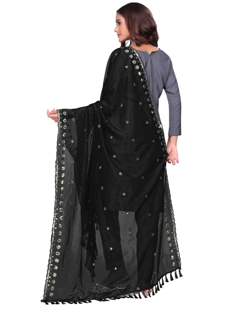 KEMZA Organza Embroidered Dupatta with Mirror & Sequence Work, Tassel Lace Border, Floral Butti Design (Black, Free Size) - Image 4
