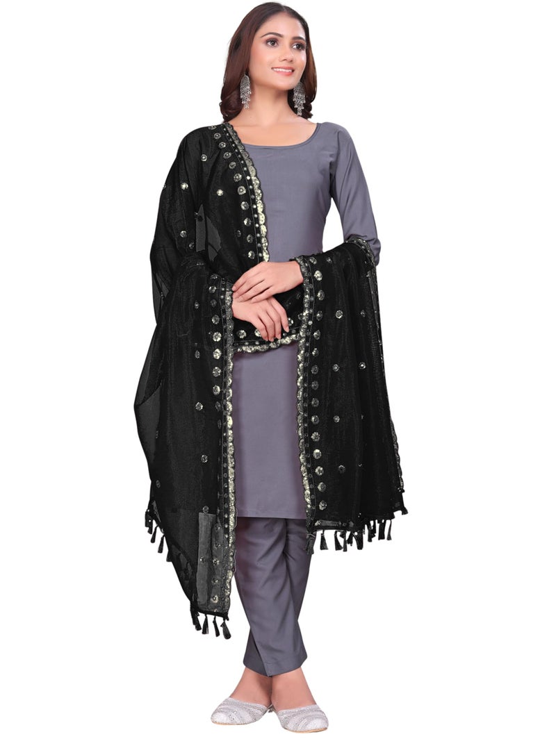KEMZA Organza Embroidered Dupatta with Mirror & Sequence Work, Tassel Lace Border, Floral Butti Design (Black, Free Size) - Image 3