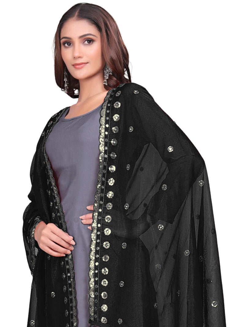 KEMZA Organza Embroidered Dupatta with Mirror & Sequence Work, Tassel Lace Border, Floral Butti Design (Black, Free Size) - Image 2