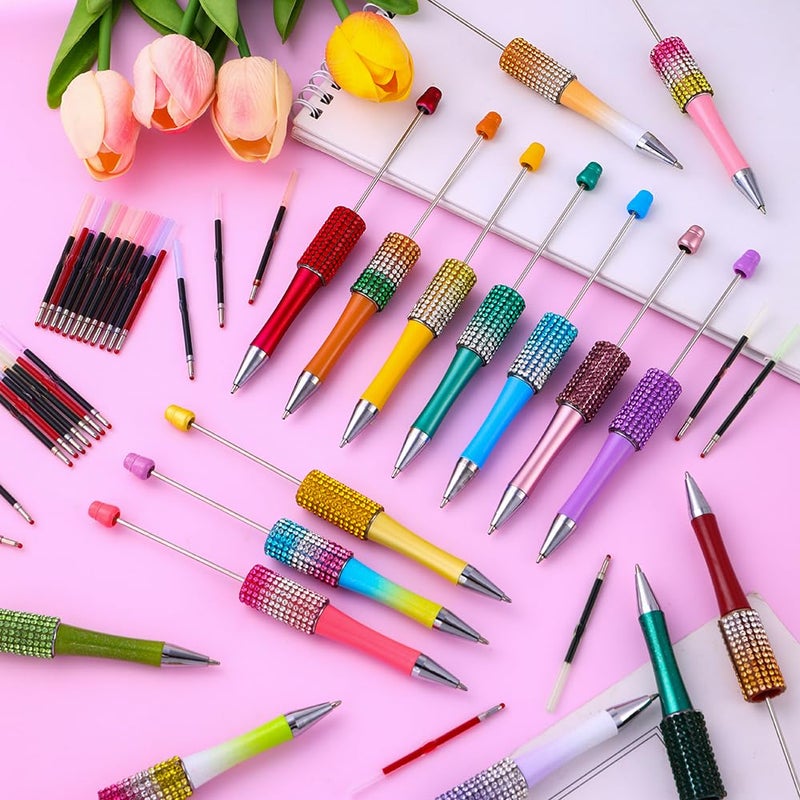 Vellibring 90 Pcs DIY Diamond Beadable Pen Kit Multicolor Bulk Ballpoint DIY Crafting Pens with 8 Colors Refills & Bags for Students Teachers School Office Accessories Supplies - Image 4