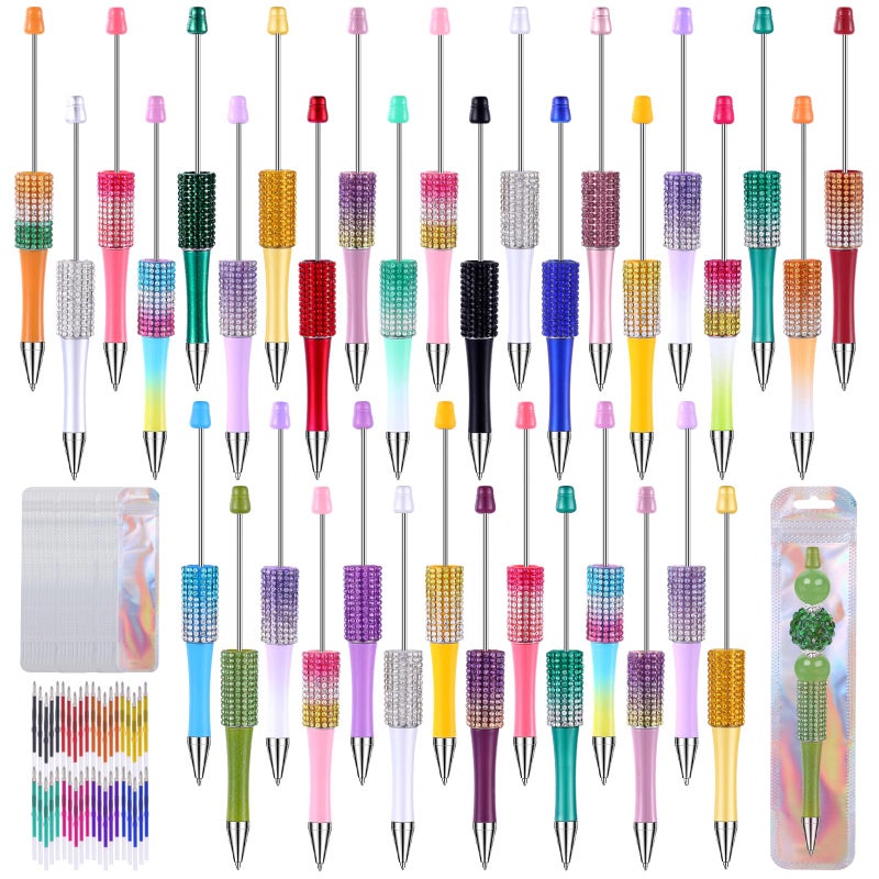 Vellibring 90 Pcs DIY Diamond Beadable Pen Kit Multicolor Bulk Ballpoint DIY Crafting Pens with 8 Colors Refills & Bags for Students Teachers School Office Accessories Supplies - Image 1