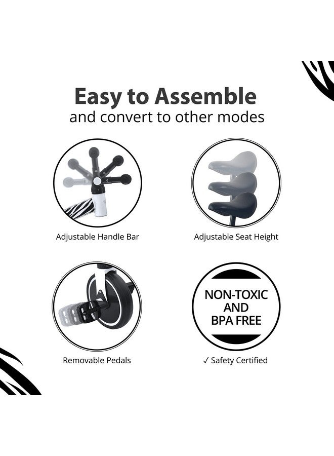 Hurtle 3 in 1 Kids Tricycles - Balance Training Bike Convertible Toddler Walker Riding Toys for 10 Month to 3 Year Old Boys Girls w/Removable Pedals, Carbon Steel Frame, Adjustable Seat Height (Zebra) - Image 5