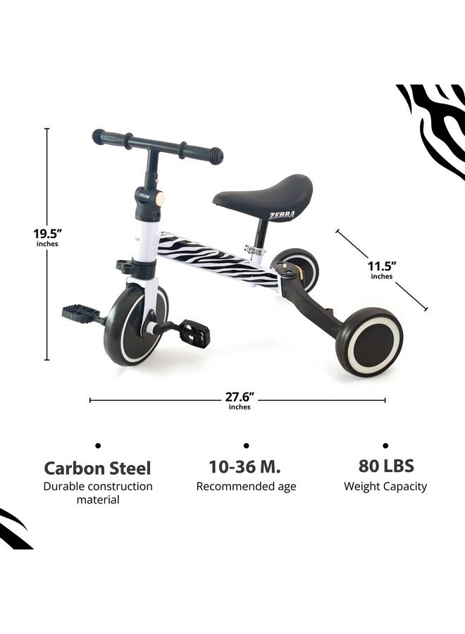 Hurtle 3 in 1 Kids Tricycles - Balance Training Bike Convertible Toddler Walker Riding Toys for 10 Month to 3 Year Old Boys Girls w/Removable Pedals, Carbon Steel Frame, Adjustable Seat Height (Zebra) - Image 3
