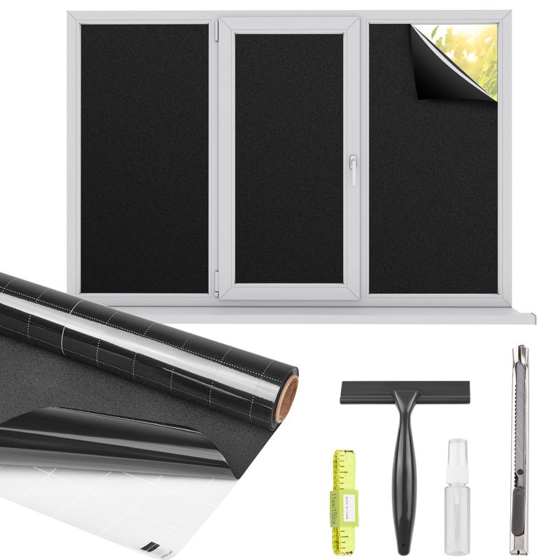 Kromapolis Blackout Window Privacy Film Total Light Blocking Room Darkening Window Covering, Removable Static Cling Frosted Glass Tint, Non-Adhesive, Black 17.5'' x 118.1'' - Image 1