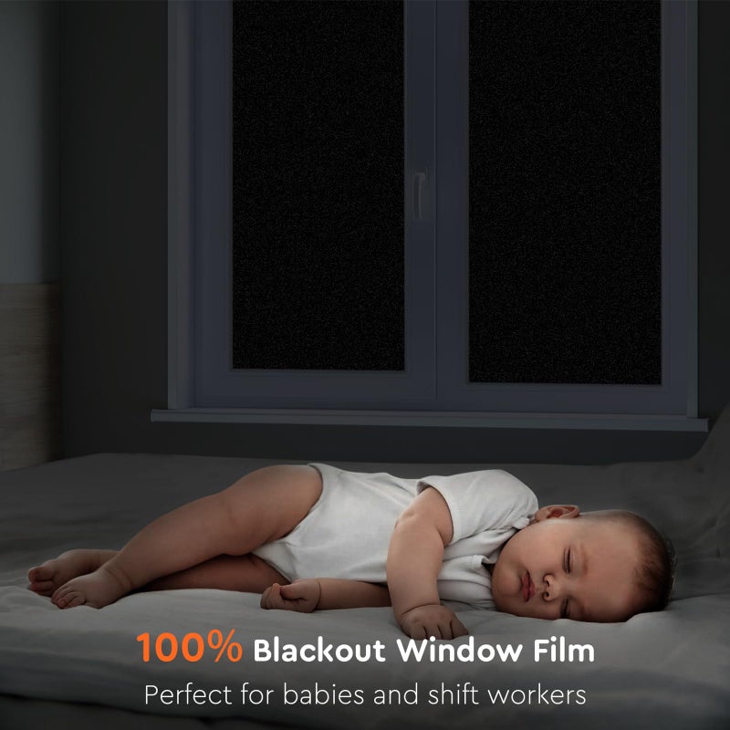 Kromapolis Blackout Window Privacy Film Total Light Blocking Room Darkening Window Covering, Removable Static Cling Frosted Glass Tint, Non-Adhesive, Black 17.5'' x 118.1'' - Image 2