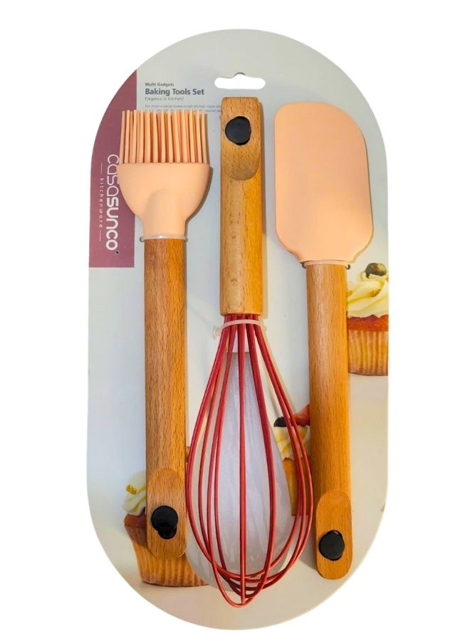 FALMER 3 Piece Silicone Kitchen Utensil Set with Heat Resistant Wood Handle  - Image 1
