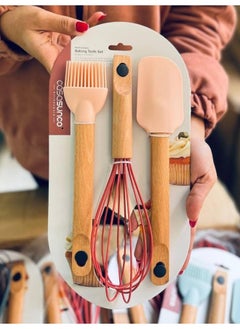 FALMER 3 Piece Silicone Kitchen Utensil Set with Heat Resistant Wood Handle  - Image 2