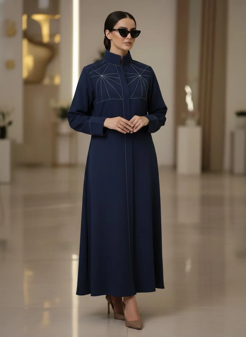 أم سكوير فاشن Bold And Modern Blue Cobra Crepe Abaya Mandarin Collar Edition