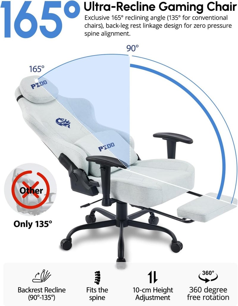 Gaming Chair Ergonomic Computer Chairs for Teens with Reclining Footrest & Headrest, Big Tall Gamer-Chair with Lumbar Support, Height Adjustable Fabric Pc Chairs, Heavy Duty, 350 lbs, Light-Grey - Image 5