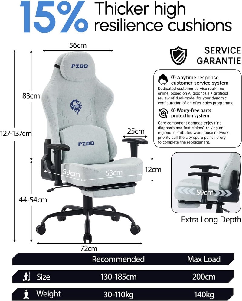 Gaming Chair Ergonomic Computer Chairs for Teens with Reclining Footrest & Headrest, Big Tall Gamer-Chair with Lumbar Support, Height Adjustable Fabric Pc Chairs, Heavy Duty, 350 lbs, Light-Grey - Image 3