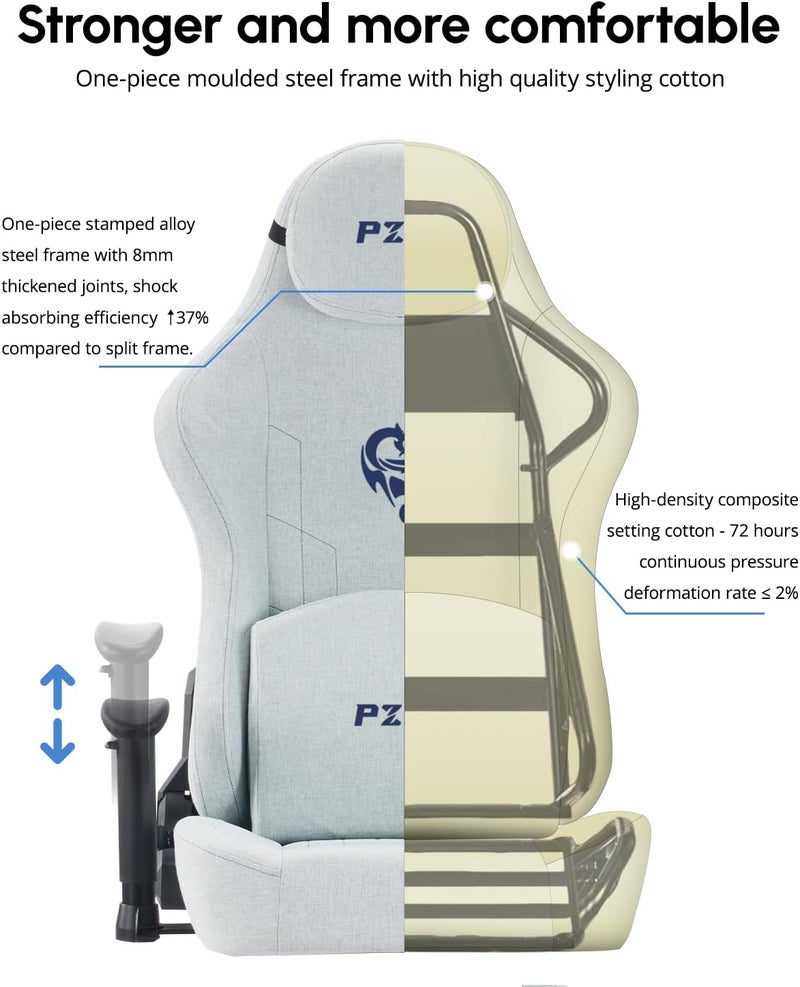 Gaming Chair Ergonomic Computer Chairs for Teens with Reclining Footrest & Headrest, Big Tall Gamer-Chair with Lumbar Support, Height Adjustable Fabric Pc Chairs, Heavy Duty, 350 lbs, Light-Grey - Image 4