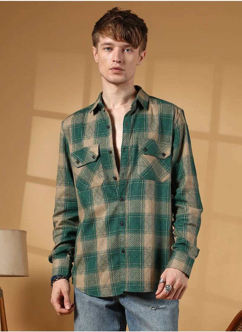 كامبوس سوترا Men's Emerald Green & Sand Beige Buffalo Check Utility Shirt