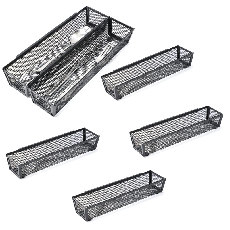 YFEEN 6 Pack Black Silverware Drawer Organizer Kitchen Drawer Utensil Cutlery Tray Office Supplies with Inter-locking Arm Drawer Dividers Organizer for Silverware, Flatware, Home,Office, School,Bedroom 12X3 - Image 1