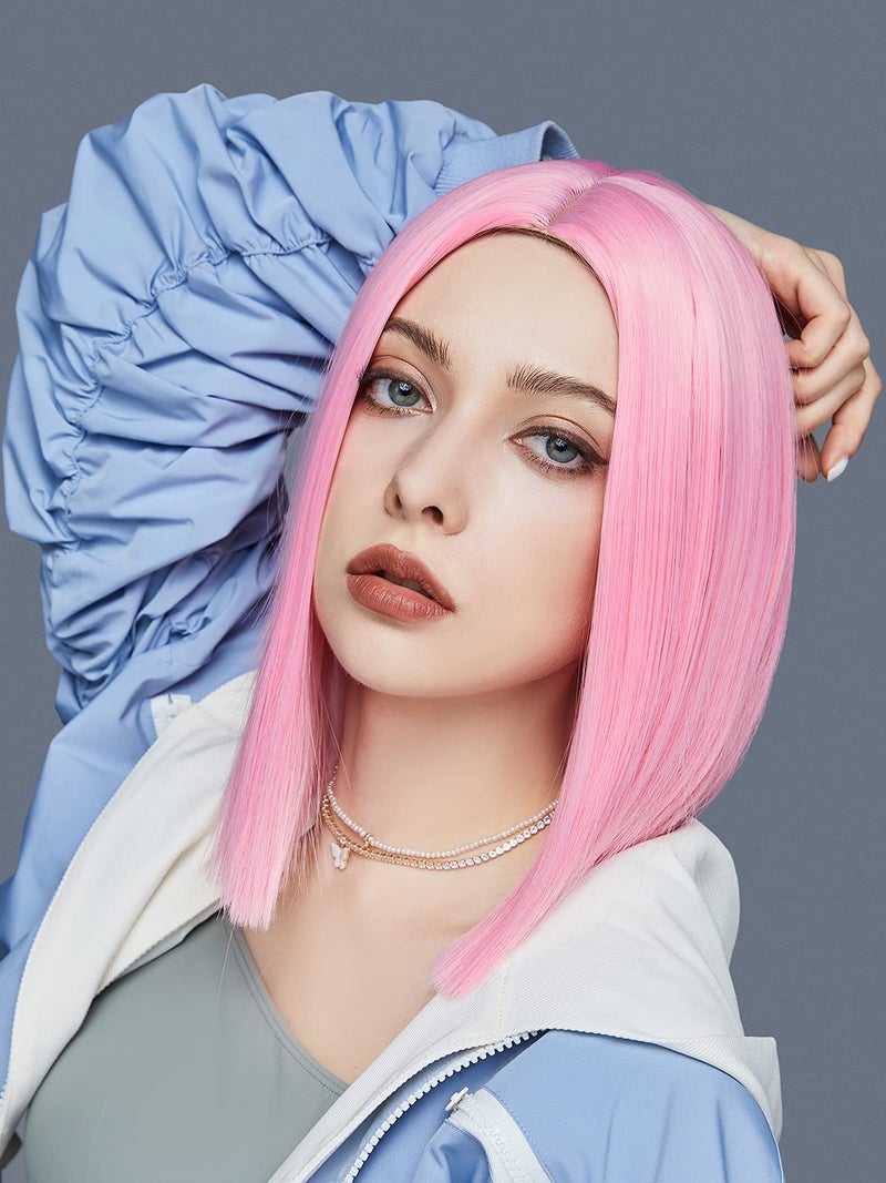 إنترانسد ستايلز أنماط مشتركة وردية الشعر الباروكة الاصطناعية مستقيمة الشعر الجزء الأوسط طول الكتف البوب بوب للنساء أزياء ملونة بوب - Image 2