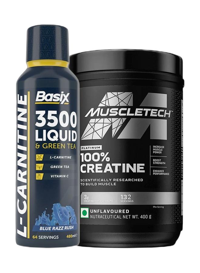 Basix عرض بوندي الحصري - 3500 لكارنيتين وشاي أخضر بلو راز راش 64 حصة 480 مل وبلاتينيوم 100% كرياتين مونوهيدرات بدون نكهة 400 جرام، 132 حصة 3 جرام لكل حصة - Image 1