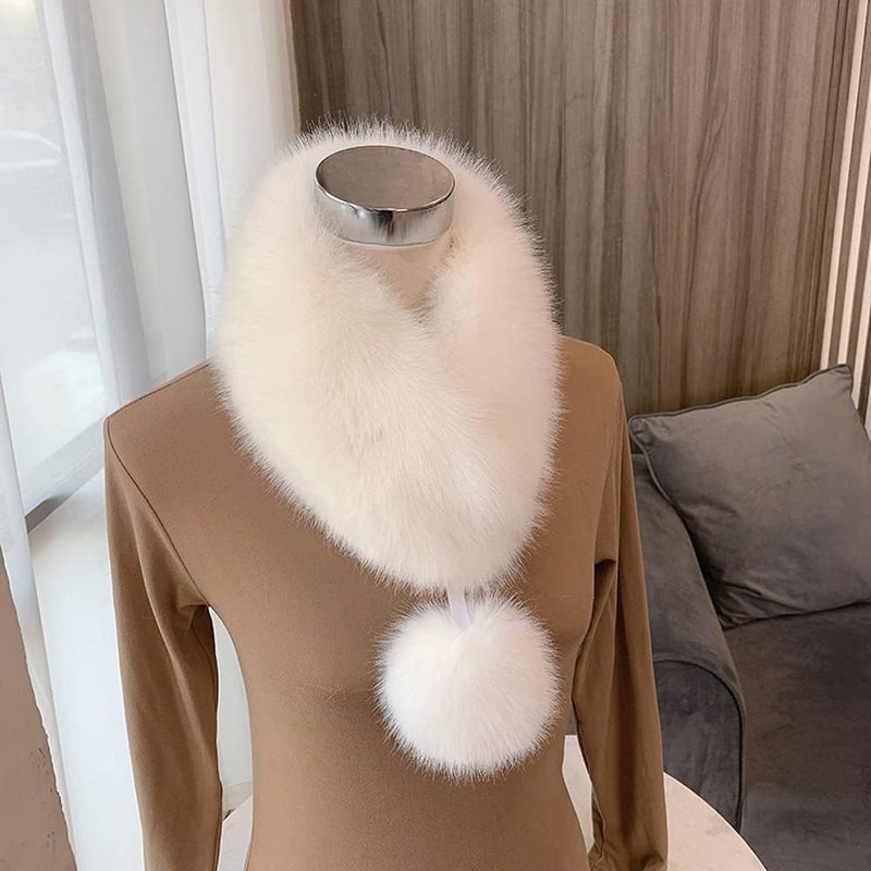 woobles Warm Plush Scarf  Fox Fur Collar Faux Fur Scarf Winter Thick Fur Collar Scarf Ribbon Ball Fur Collar for Matching Overcoat Sweater Jacket Holiday Gift Girl Warm Scarf - Image 3