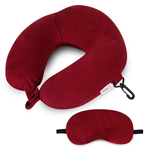 Destinio Travelling Pillow, Memory Foam Neck Pillow with Eye Mask, Washable Cover, Hanging Hook - Flight Pillow for Neck, Travel Neck Pillow for Men & Women (Red) - Image 1