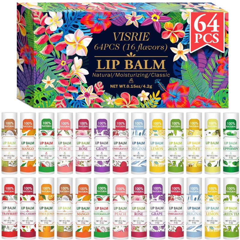 VISRIE 64 Pack Lip Balm, Natural Lip Balm Bulk with Vitamin E and Coconut Oil, Bulk Moisturizing Lip Balms for Dry Lips-16 Flavors - Image 1