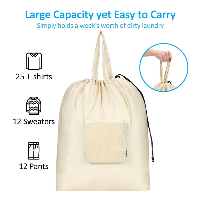Gogooda Travel Laundry Bags With Drawstring Closure Xl Large Foldable Dirty Clothes Bags With Handle Heavy Duty And Washable For College Dorm Travelling Camping, 2 Pack, Beige - Image 3