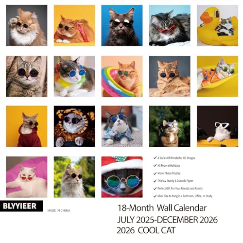 BLYYIEER 2026 Wall Calendar,Calendar 2025-2026,Cool Cat Monthly Wall Calendar, 12" x 24" Open,Family Planner Calendar, Home & Office Organizer,Hangable - Image 3