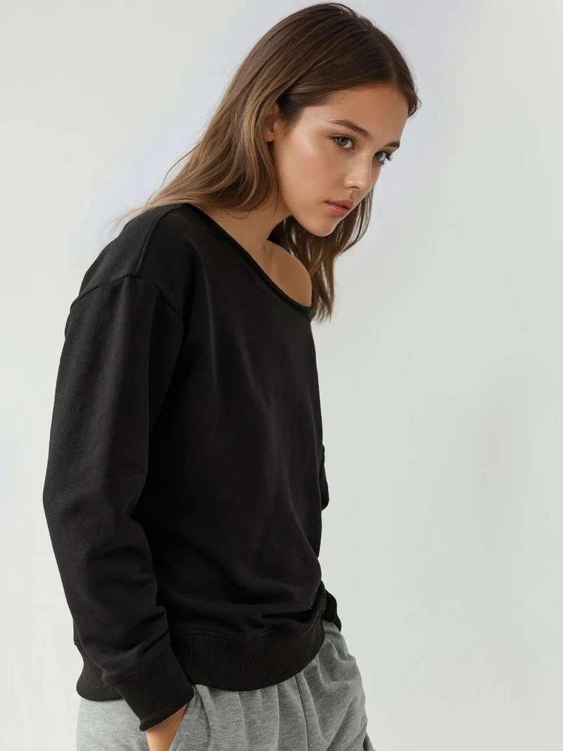 HICCUP Black Boat Neck Relaxed Fit Sweatshirt for Women | Best Price UAE