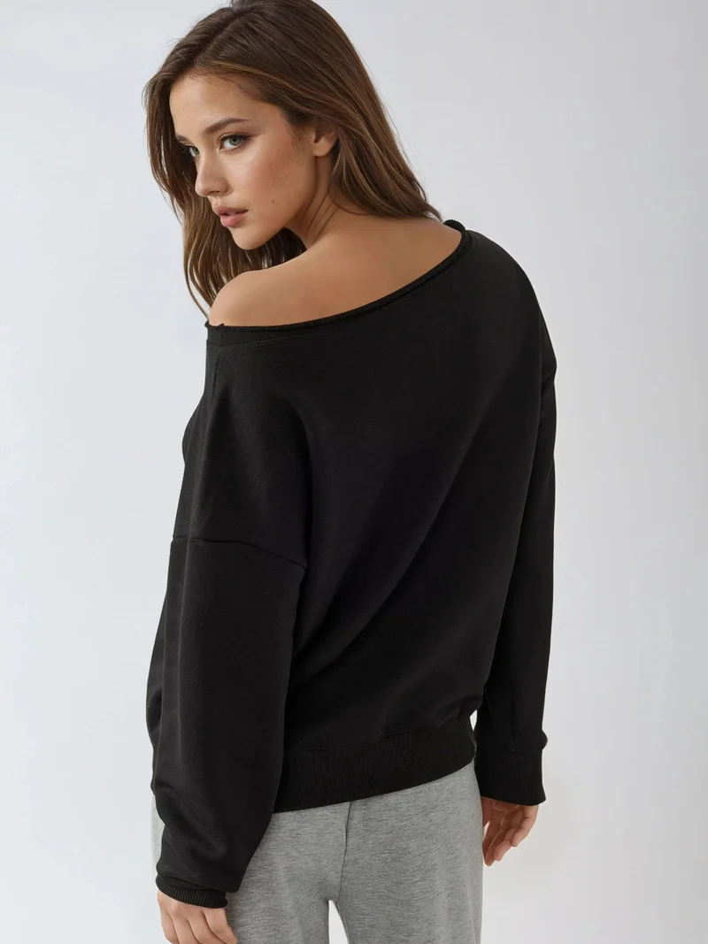 HICCUP Black Boat Neck Relaxed Fit Sweatshirt for Women | Best Price UAE