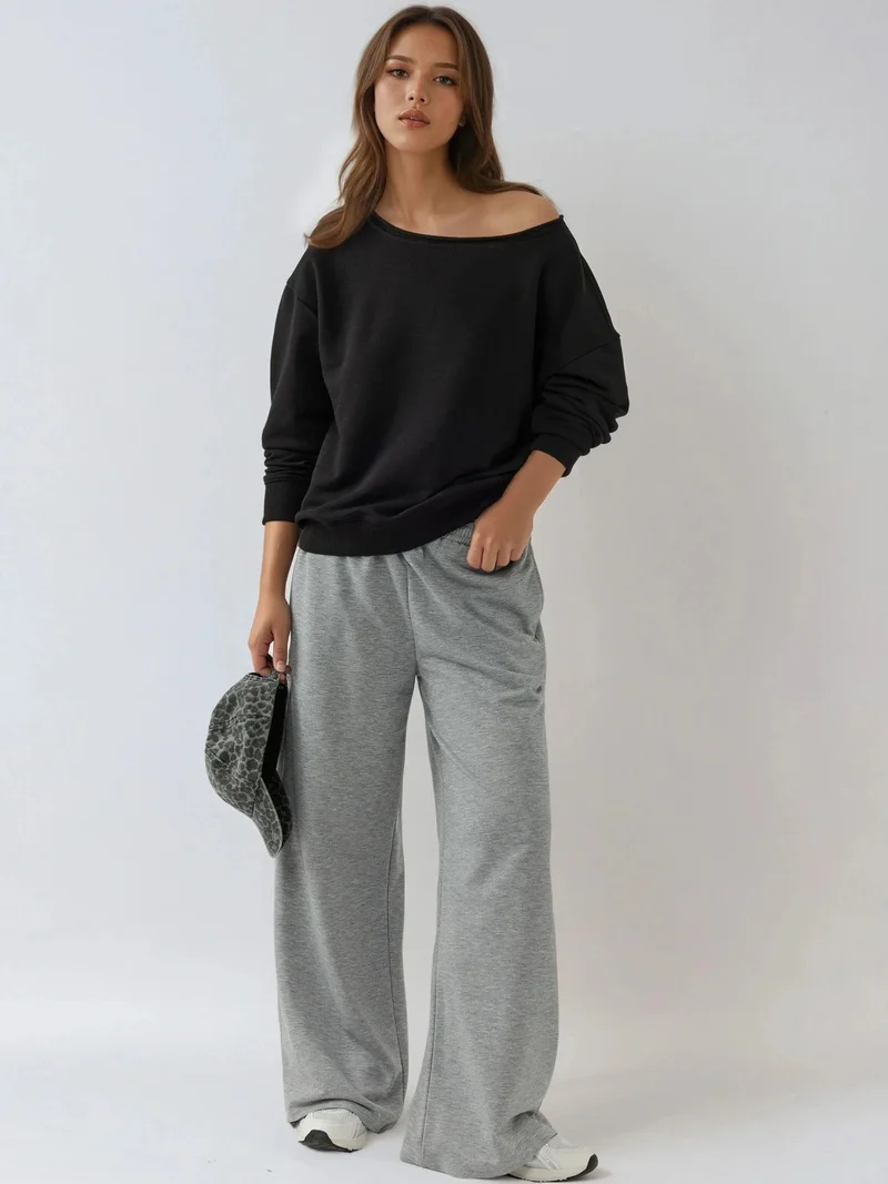 HICCUP Black Boat Neck Relaxed Fit Sweatshirt for Women | Best Price UAE